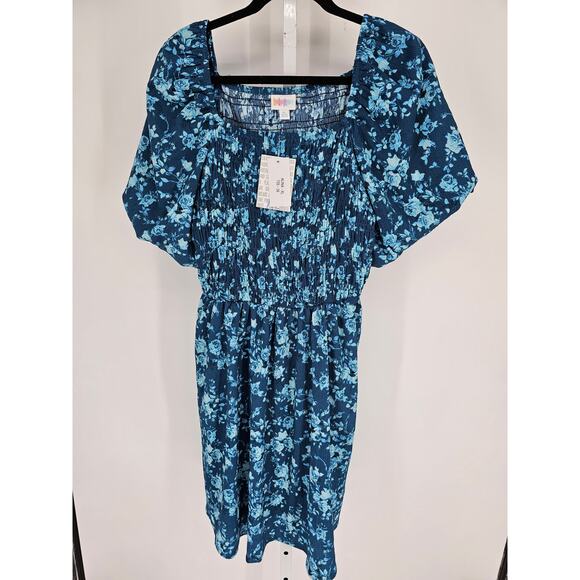 Lularoe Womens Sz XL ALINA Dress Smocked Short Sleeve Blue Floral NEW - Picture 1 of 4